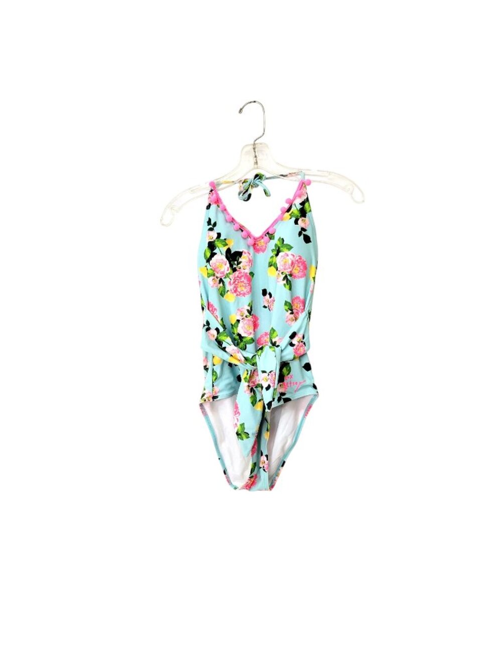 Betsey Johnson Floral Print One-Piece Swimsuit Halter Neck Tie Waist Pink & Blue